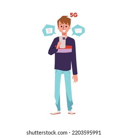 Man Holding Smartphone And Using 5G Telecommunications The Fifth-generation Wireless Technology, Flat Cartoon Vector Illustration Isolated On White Background.