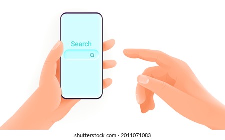 Man holding smartphone and using search engine

