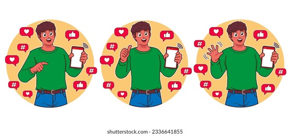 un hombre sostiene un smartphone y usa los medios sociales