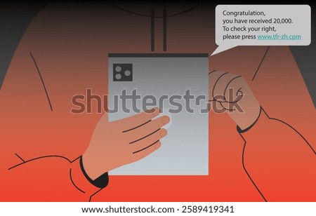 Man holding a smartphone and viewing messages on mobile phone. Fake Text message SMS scam or phishing concept