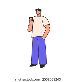 Man holding smartphone. Young male character standing, using mobile phone, gadget, hand in pocket. Person with cellphone, surfing internet. Flat vector illustration isolated on white background