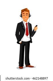 Man holding smatphone and listening muisc in headphones. Office manager, businessman vector isolated character