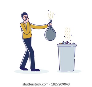 Man holding smelly bag of waste. Cartoon male character throwing stinky garbage in trash bin covering nose from bad smell. Linear vector illustration