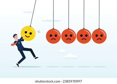 El hombre que sostiene sonrisa se enfrenta a una bola péndula para golpear otras caras tristes, optimista, feliz o positivo inspirar a otras personas a estar contentas, emotivas, equilibrar la felicidad y la tristeza (Vector)