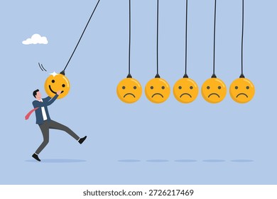 El hombre que sostiene la sonrisa se enfrenta a la pelota del péndulo para golpear otras caras tristes, la felicidad o el pensamiento positivo inspiran a otras personas felices, optimistas, inteligencia emocional o equilibrio entre la felicidad y la tristeza.