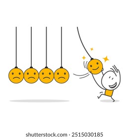 Man holding smiley face pendulum ball to hit other sad faces. Optimism, happiness or positive thinking inspires other people, emotional intelligence or the balance between happiness and sadness.