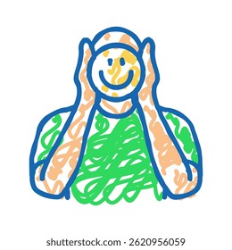 Hombre que sostiene el Vector sonriente del bosquejo del icono del doodle. Hombre que sostiene el signo sonriente sonriente. ilustración aislada del símbolo