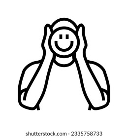 man holding smiley smiling line icon vector. man holding smiley smiling sign. isolated contour symbol black illustration