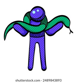 Man holding snake halftone icon hand drawn color vector illustration