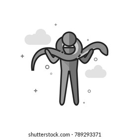 Man holding snake icon in flat outlined grayscale style. Vector illustration.