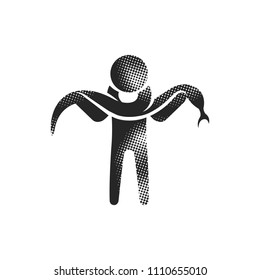 Man holding snake icon in halftone style. Black and white monochrome vector illustration.