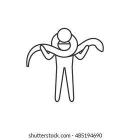 Man holding snake icon in thin outline style. Zoo safari jungle posing photo