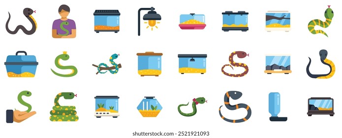 Man holding snake with terrarium and accessories for reptile breeding icons set vector