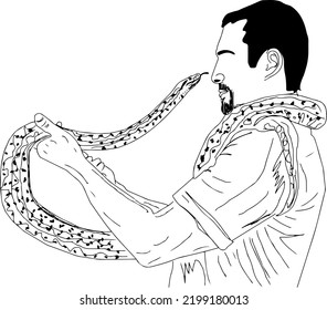 Man holding snake vector, Sketch drawing of man holding python, Man holding viper snake in his hand cartoon doodle silhouette