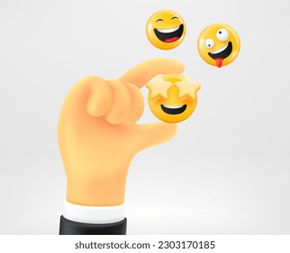 Man holding social media emoji. Making choice for reaction. Vector 3d illustration
