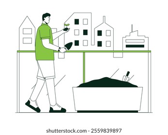 Man holding soil and plant seeds, and a small shovel, planting a container filled with fertilizer, urban farming vector illustration.