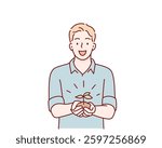 A man holding soil with sprouting seedlings in his hands. Hand drawn style vector design illustrations.