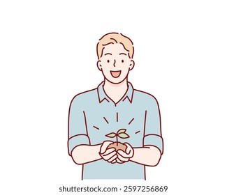 A man holding soil with sprouting seedlings in his hands. Hand drawn style vector design illustrations.