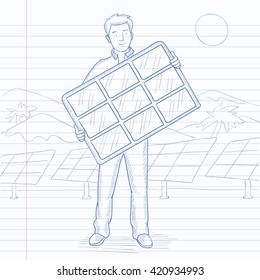 Man holding solar panel.