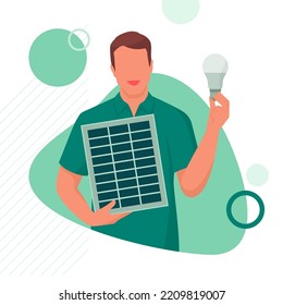 Man holding a solar panel and an energy-efficient lightbulb, sustainable energy and ecology concept, social media post template with copy space