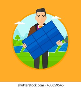 Man holding solar panel in hands. Man with solar panel in hands standing on background of solar power plant. Green energy concept. Vector flat design illustration in the circle isolated on background.