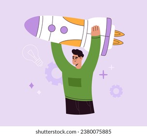 Man holding spaceship. Startup concept. New business launching. Project promotion, management and marketing. Business development. Vector illustration isolated on background, flat cartoon style.