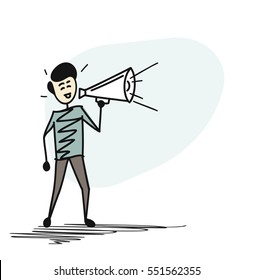 Man holding speaker megaphone for announcement. Hand Drawn Sketch Cartoon Vector Background.