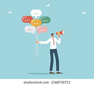 Man holding speech bubble balloons and talking into the loudspeaker. Feedback to online helpdesk service. Survey concept. Work business correspondence. Public Relations, communicate information, media