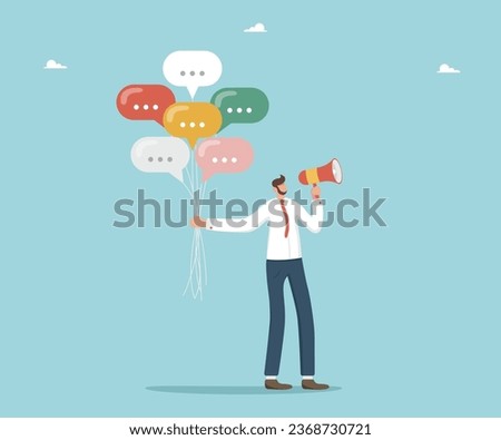 Man holding speech bubble balloons and talking into the loudspeaker. Feedback to online helpdesk service. Survey concept. Work business correspondence. Public Relations, communicate information, media