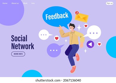 Man holding speech bubbles. Online communication on social network and media. man sending and receiving Internet messages on smartphone or texting on mobile phone. Flat cartoon vector illustration.