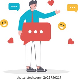 Man holding speech bubbles. Online communication on social networks and media. man sending and receiving Internet messages on smartphone or texting on mobile phone.

