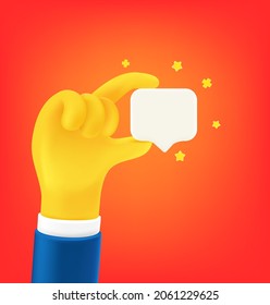 Man holding speech cloud in a hand. Cute cartoon 3d style vector illustration
