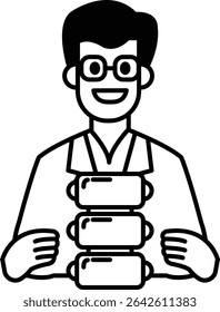 A man is holding a stack of books. He is smiling and he is happy. The books are stacked on top of each other, and the man is holding them in his hands. Concept of accomplishment and satisfaction