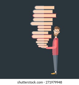 man holding stack of books. vector