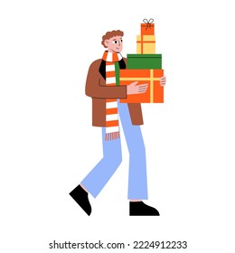 Man holding a stack of christmas gift boxes. Winter holiday vector flat illustration on isolated background. Man walking with presents for christmas and new year