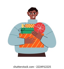 Man holding a stack of gift boxes for christmas and new year. Winter holiday vector flat illustration on isolated background. 