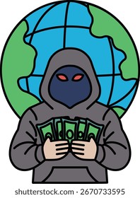 A man is holding a stack of money in his hands. He is wearing a hoodie and he is a thief. The image is black and white and has a mysterious and ominous mood