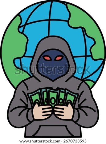 A man is holding a stack of money in his hands. He is wearing a hoodie and he is a thief. The image is black and white and has a mysterious and ominous mood