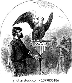 A man holding staff with eagle at top and other people watching him, vintage line drawing or engraving illustration