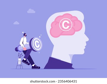 Man holding stamp with copyright symbol, concept of copyrighted work, guarantee of artist's rights, law protection of intellectual property