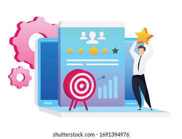Man holding star flat concept vector illustration. Marketing automation 2D cartoon character for web design. Lead management. Arrow in target. Customer relationship management creative idea