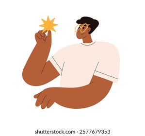 Man holding star in hand. Inspiration, creativity, discovery, new idea concept. Inspired creative smart character looking at wonder, light. Flat vector illustration isolated on white background