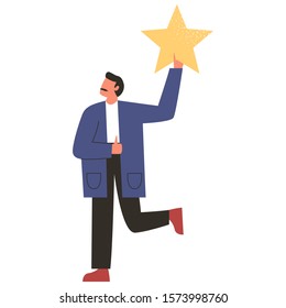 Man holding a star isolated on white background. Costumer product review. Man giving positive feedback. Satisfied consumer concept. Flat vector illustration