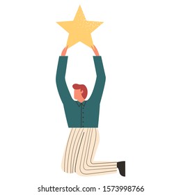 Man holding a star isolated on white background. Costumer product review. Man giving positive feedback. Satisfied consumer concept. Flat vector illustration