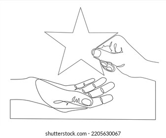 Man holding star on the palm of his hand, puts rating, reviews. Vector continuous line.