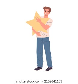 Man holding star over in hands. Satisfied customers rating services quality with review stars vector illustration. Clients giving