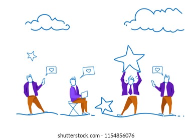 man holding star people using smartphone social media like heart icons men subscribers followers concept sketch doodle horizontal vector illustration
