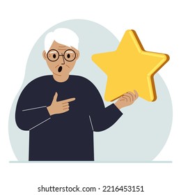 The man is holding a star. Service rating or positive user rating. Consumer review of the product. Feedback. Vector illustration in flat style