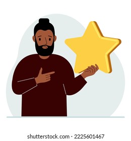 The man is holding a star. Service rating or positive user rating. Consumer review of the product. Feedback. Vector illustration in flat style