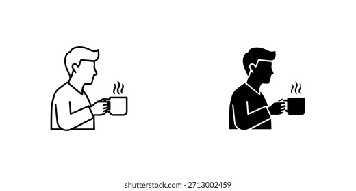 Homem segurando uma xícara de café ou chá, esboço e silhueta ícone conjunto, isolado em